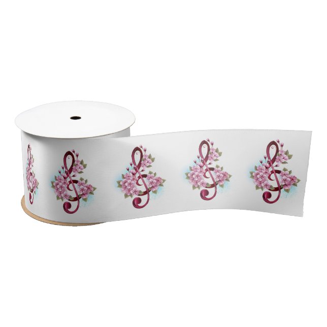 Musical treble clef notes with Sakura flowers Satin Ribbon (Spool)