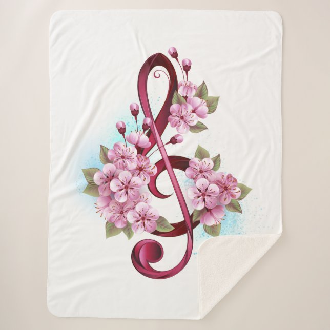 Musical treble clef notes with Sakura flowers Sherpa Blanket (Front)