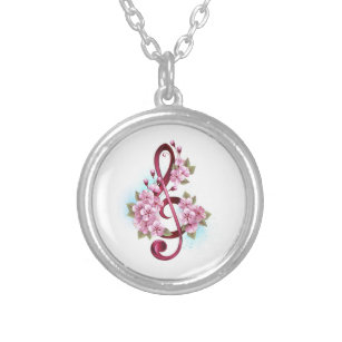 Musical treble clef notes with Sakura flowers Silver Plated Necklace