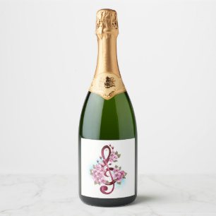 Musical treble clef notes with Sakura flowers Sparkling Wine Label