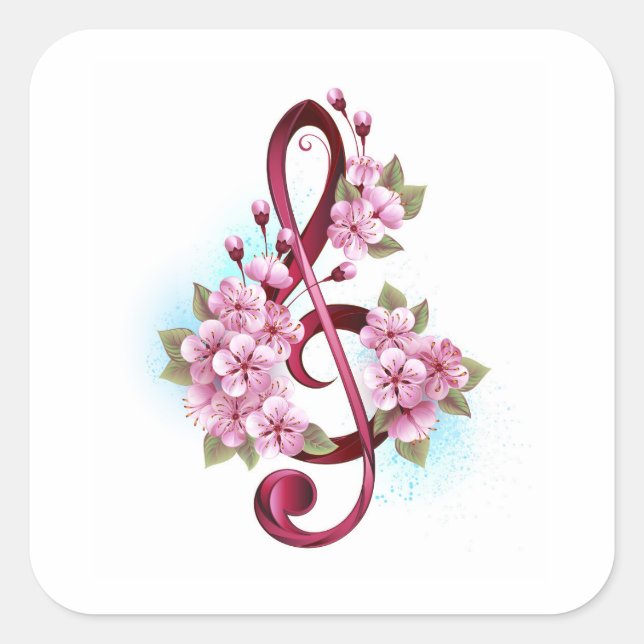 Musical treble clef notes with Sakura flowers Square Sticker (Front)