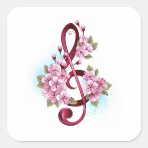 Musical treble clef notes with Sakura flowers Square Sticker