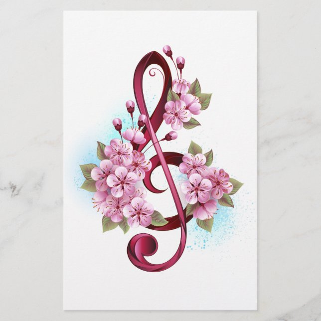 Musical treble clef notes with Sakura flowers Stationery (Front)