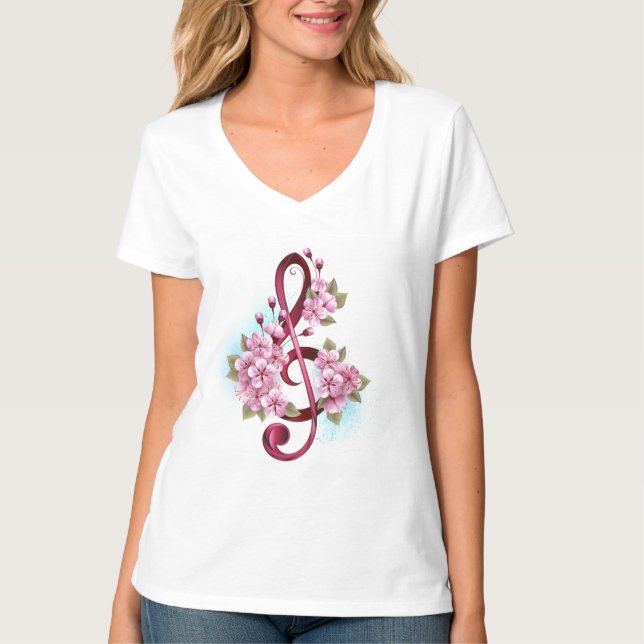 Musical treble clef notes with Sakura flowers T-Shirt (Front)