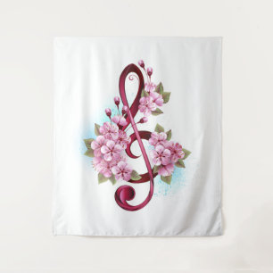 Musical treble clef notes with Sakura flowers Tapestry