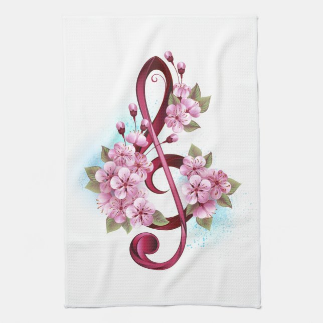Musical treble clef notes with Sakura flowers Tea Towel (Vertical)
