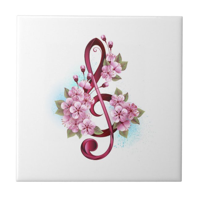 Musical treble clef notes with Sakura flowers Tile (Front)