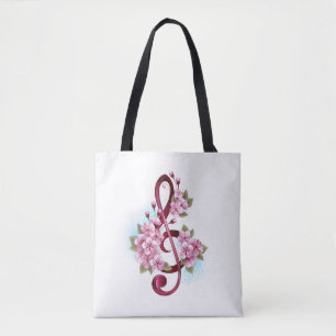 Musical treble clef notes with Sakura flowers Tote Bag