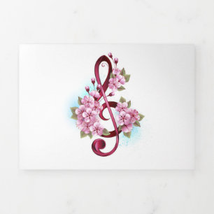Musical treble clef notes with Sakura flowers Tri-Fold Announcement