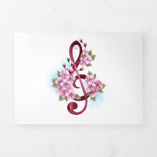Musical treble clef notes with Sakura flowers Tri-Fold Invitation