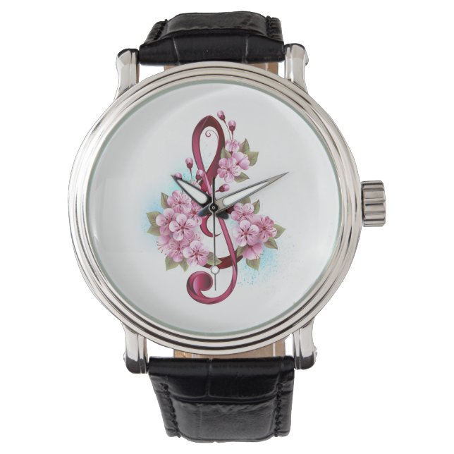 Musical treble clef notes with Sakura flowers Watch (Front)