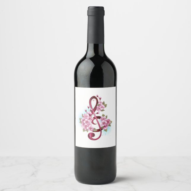 Musical treble clef notes with Sakura flowers Wine Label (Front)
