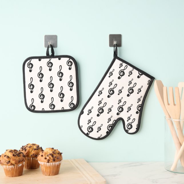 Musical Treble Clef Pattern Simple   Oven Mitt & Pot Holder Set (Insitu(Hanging))