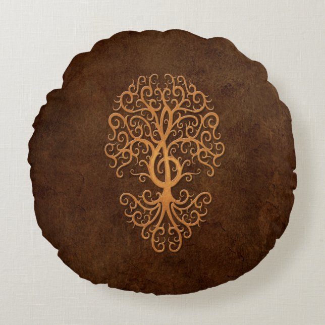 Musical Treble Clef Tree Brown Stone Round Cushion (Front)
