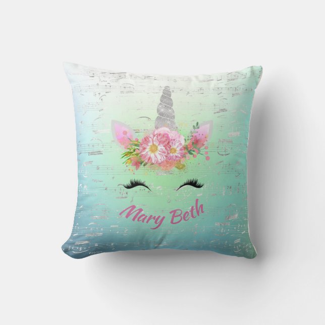 Musical Unicorn Horn and Flowers with Eyelashes Cushion (Front)
