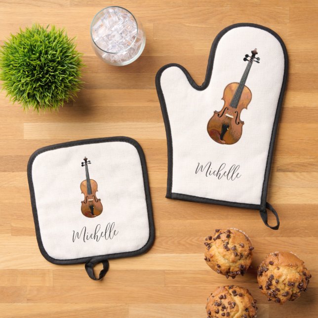 Musical Violin Classical Music Personalised Oven Mitt & Pot Holder Set (Top Down)