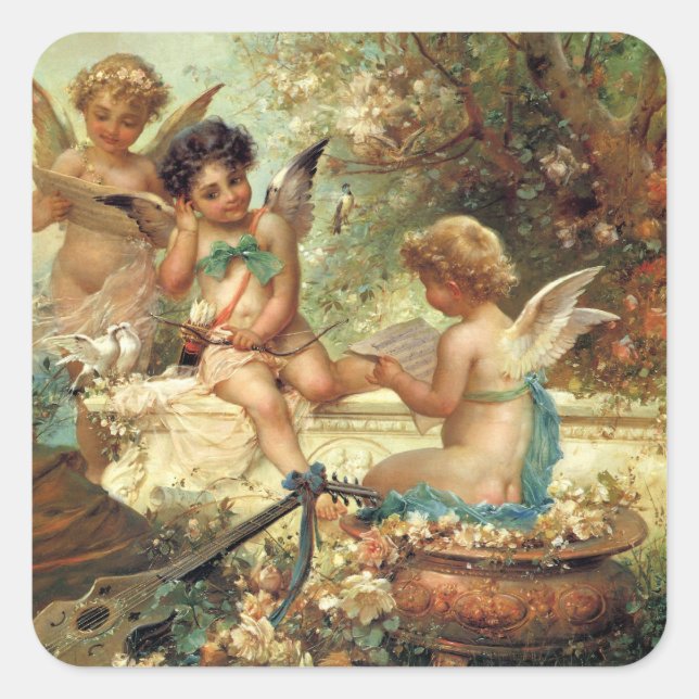 Musician Angels by Hans Zatzka, Victorian Fine Art Square Sticker (Front)