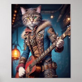 Musician cat in blu steampunk dress playing guitar poster