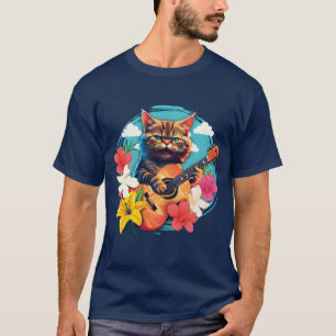 Musician Cat Plays Guitar Floral Rock Aloha vintag T-Shirt