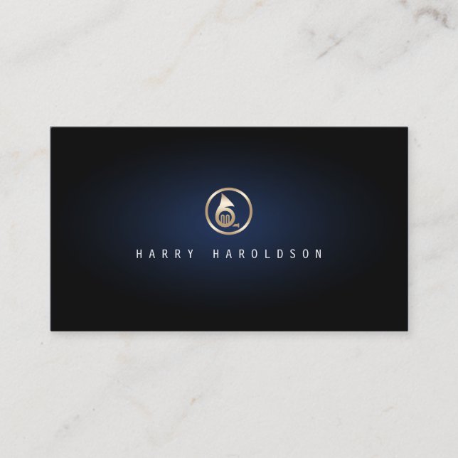 Musician Elegant Gold French Horn Icon Blue Glow Business Card (Front)