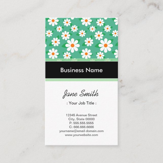 Musician Elegant Green Daisy Pattern Business Card (Front)