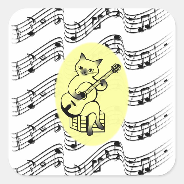Musician Funny Cat Playing Guitar on Music Notes Square Sticker (Front)