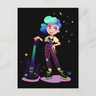 Musician girl with blue hair with a rock guitar postcard