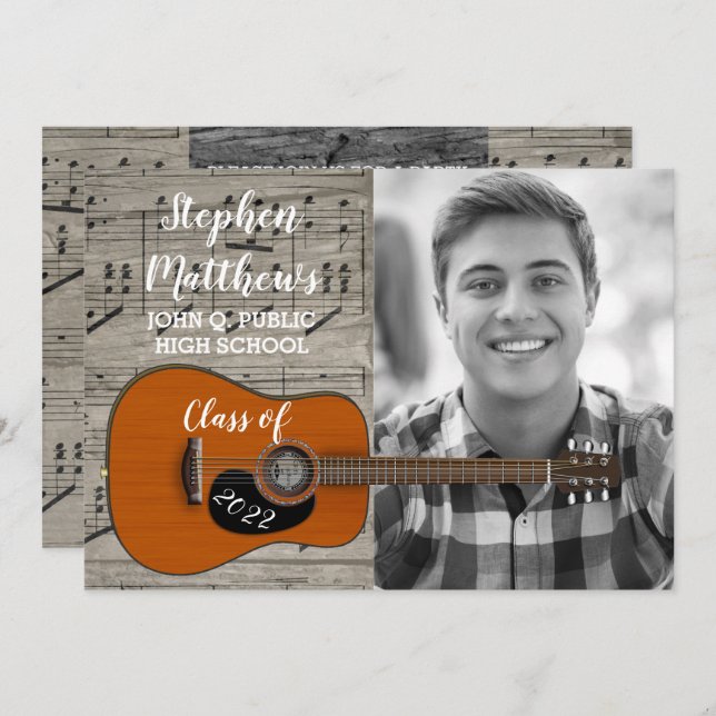 Musician Guitarist Rustic Photo Graduation Invitation (Front/Back)