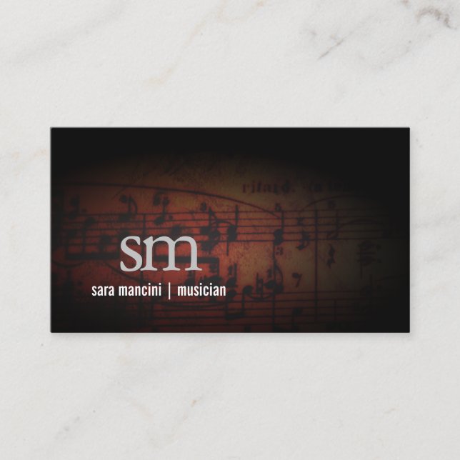 Musician Music Notes Grunge Monogram Music Business Card (Front)