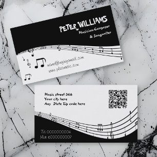 Musician music pentagram and QR code black Business Card