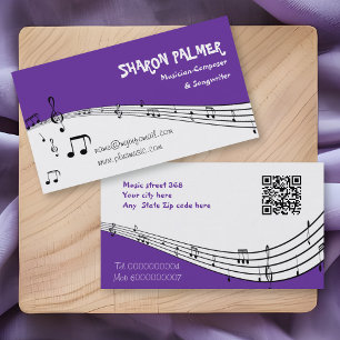 Musician music pentagram and QR code purple Business Card