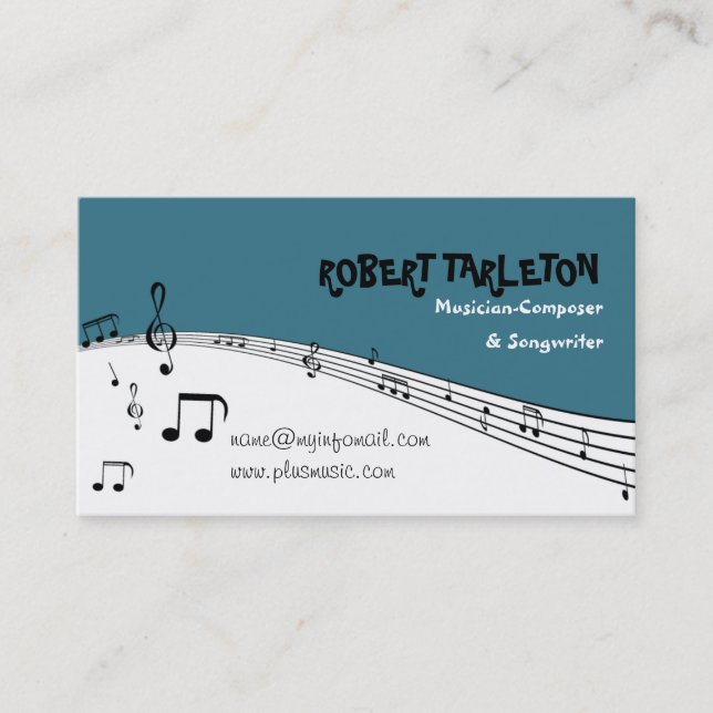 Musician music pentagram teal, white black business card (Front)