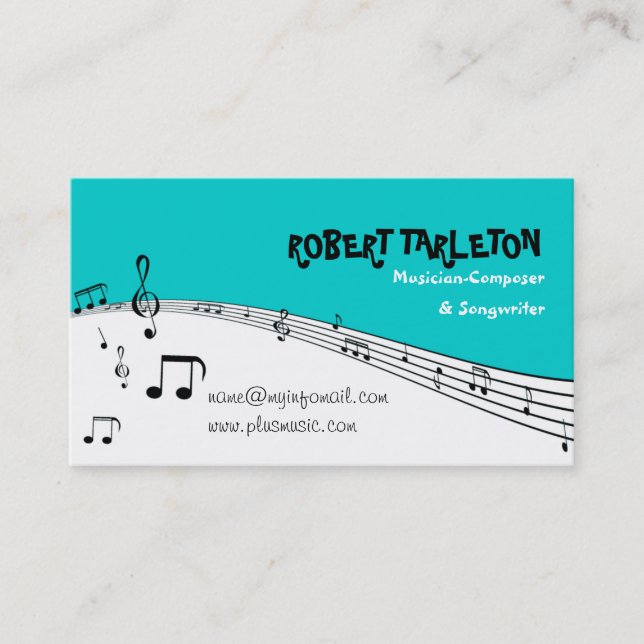 Musician music pentagram turquoise, white black business card (Front)