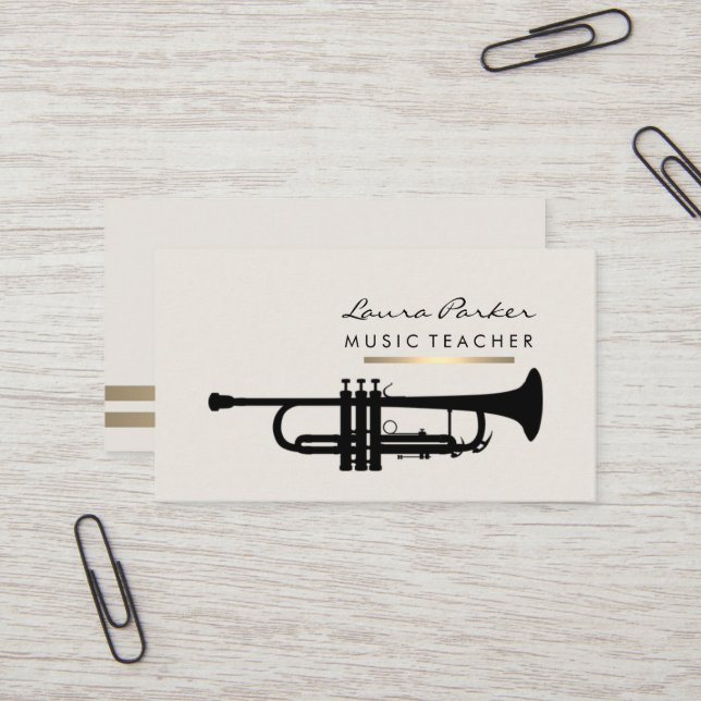 Musician Music Teacher Trumpet instrument Gold Business Card (Front/Back In Situ)