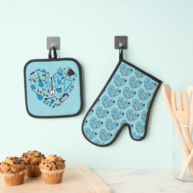 Musician Musical Instrument Heart Tool Oven Mitt & Pot Holder Set (Insitu(Hanging))