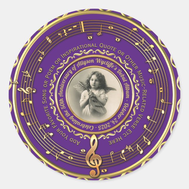 Musician Musical Notes Commemorative Photo Purple Classic Round Sticker (Front)
