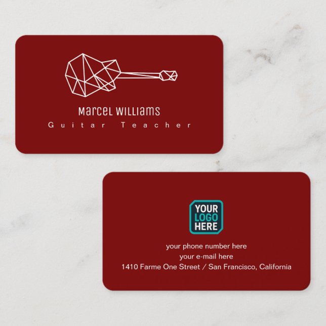 Musician Red Business Card Logo & Guitar (Front/Back)