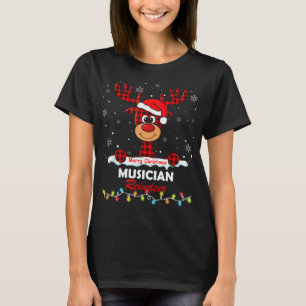 Musician Reindeer Santa Hat Buffalo Plaid Christma T-Shirt