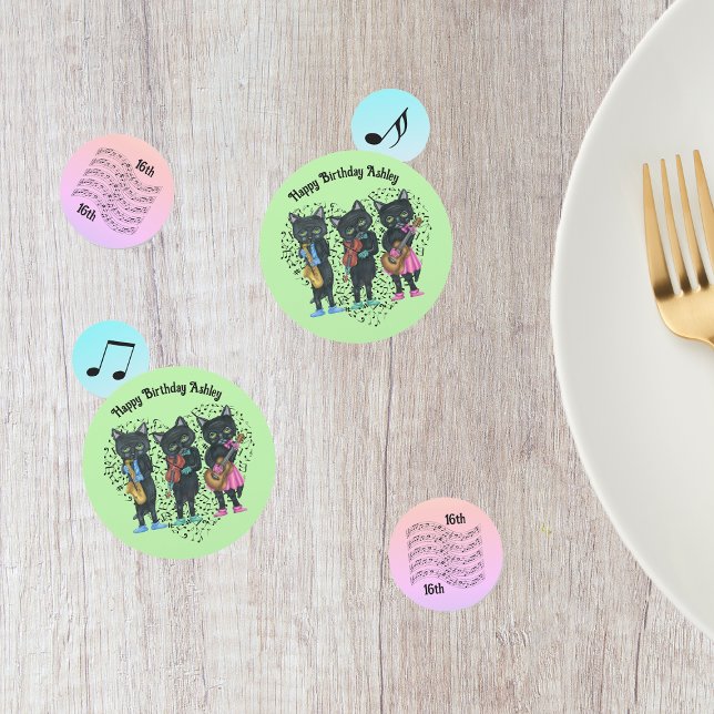 Musician Themed Black Cats Music Notes Birthday Confetti (Musician theme table birthday confetti with red, blue, pink circles and cat musicians, musical notes)
