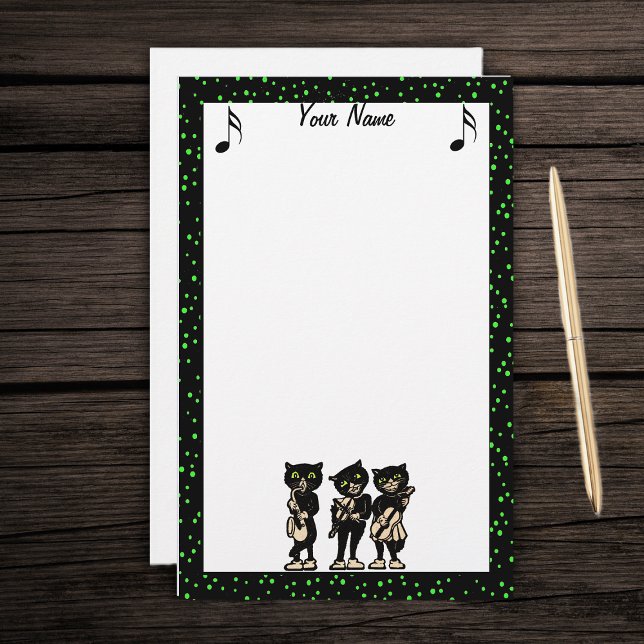 Musician Vintage Black Cats Music Notes Stationery (Three black cat musicians playing instruments green dotted black border on white stationery paper.)