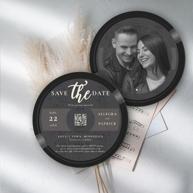 Musician Wedding Save the Date QR Code Photo Vinyl (music wedding save the date photo musician vintage vinyl record partition notes QR code black)
