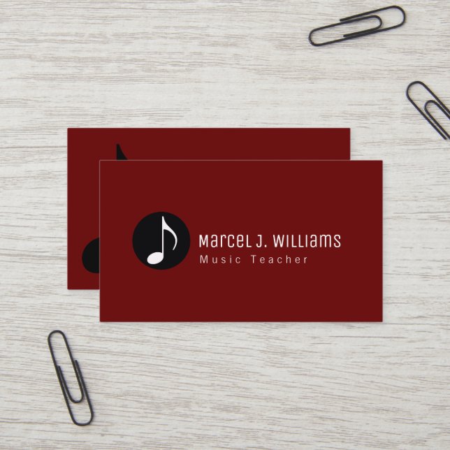Musicians Dark Red Business Card With Musical Note (Front/Back In Situ)
