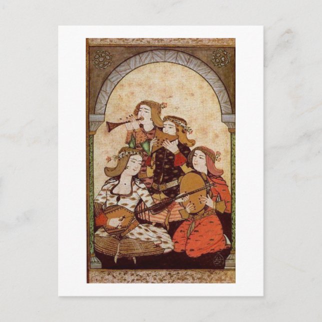 Musicians, mediaeval music postcard (Front)
