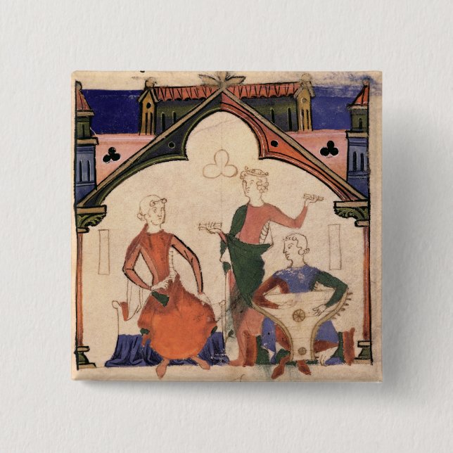 Musicians playing castanets and a psaltery 15 cm square badge (Front)