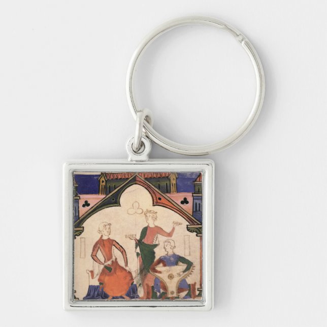 Musicians playing castanets and a psaltery key ring (Front)