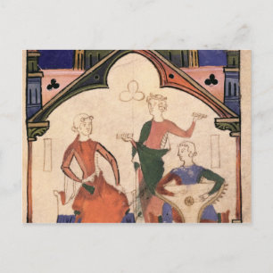 Musicians playing castanets and a psaltery postcard
