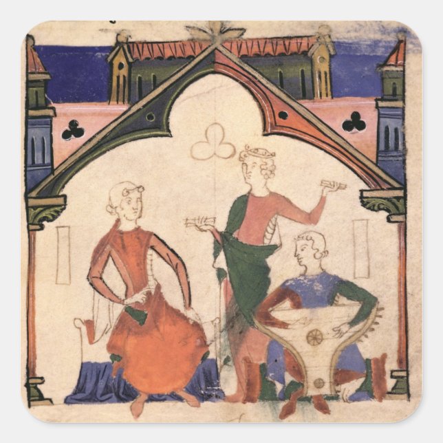 Musicians playing castanets and a psaltery square sticker (Front)