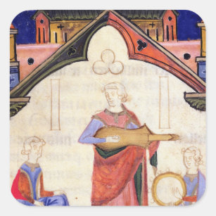 Musicians playing the guitar and tambourine square sticker