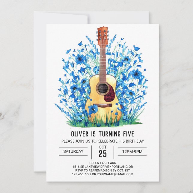 Musician's Whimsical Guitar Boy Birthday Invitation (Front)