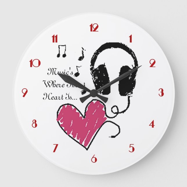 Music's Where The Heart Is Headphones Wall Clock (Front)